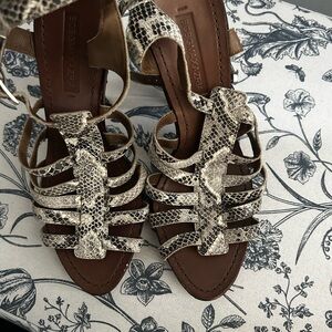 BCBGMaxAzria Snake-Print Strappy Sandals in Brown and Cream